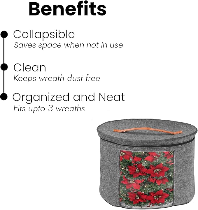 Christmas Wreath Storage Bag,Collapsible Felt Holiday Garland Container with Zipper & Handle, Durable Wreath Organizer Bin for Seasonal Decor Storage 20 x 12 (GREY)