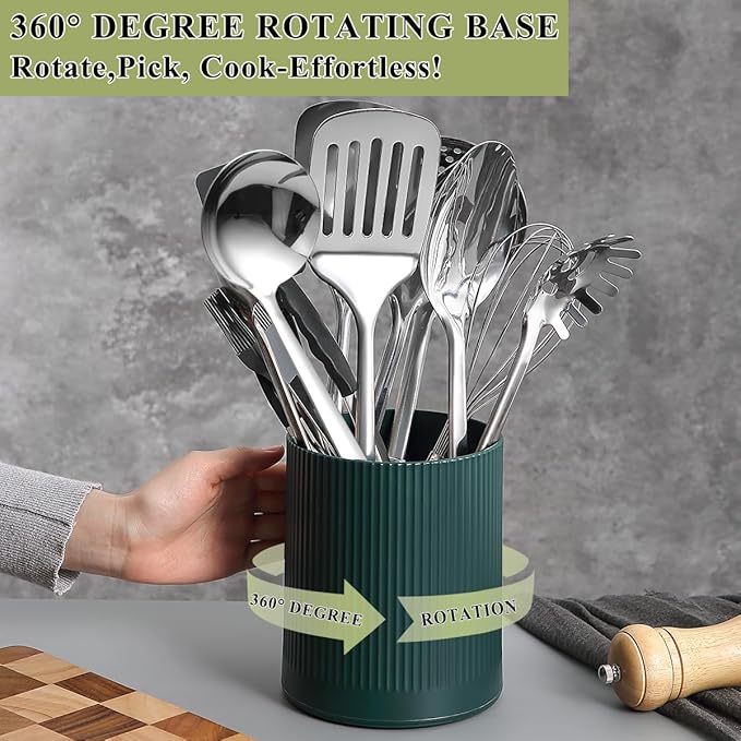 HOMQUEN 360° Rotating Utensil Holder, 6.3''+4.7'' Plastic Kitchen Utensil Holder for Countertop, Large Cooking Utensil Crocks for Kitchen Decor, Utensil Organizer for Spatula, Set of 2 (Green)
