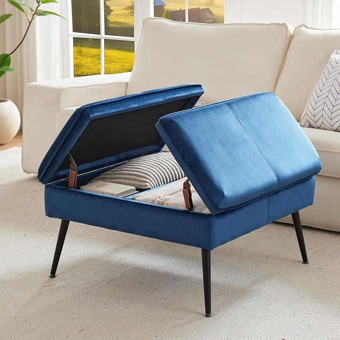 Square Ottoman with Storage, Large Oversized Ottoman Coffee Table, Double Flipping Lid & Mid-Century Modern & Velvet Style, Loads 660 lb, for Living Room, Bedroom, Entryway, Navy