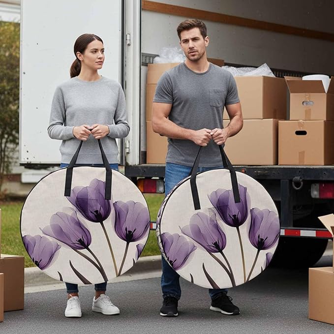 Spring Purple Round Storage Bag 36 Inch, Flowers X-ray Image of Tulips Floral Retro Clothes Storage Container with Handles Heavy Duty Organizer for Comforter, Bedding & Holiday Wreaths