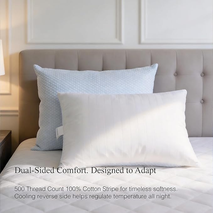 Blue Ridge Home Fashions Luxury Hotel Quality Cooling Pillows Queen Size Set of 2, Soft Medium 500 Thread Count Damask Stripe Embroidered 100% Cotton Cover, Down Alternative