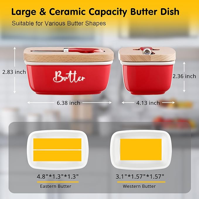 ALELION Red Butter Dish with Lid and Knife for Countertop, Ceramic Butter Container with Beech Wood Lid, Airtight Butter Keeper for Counter, for Red Kitchen Decor and Accessories
