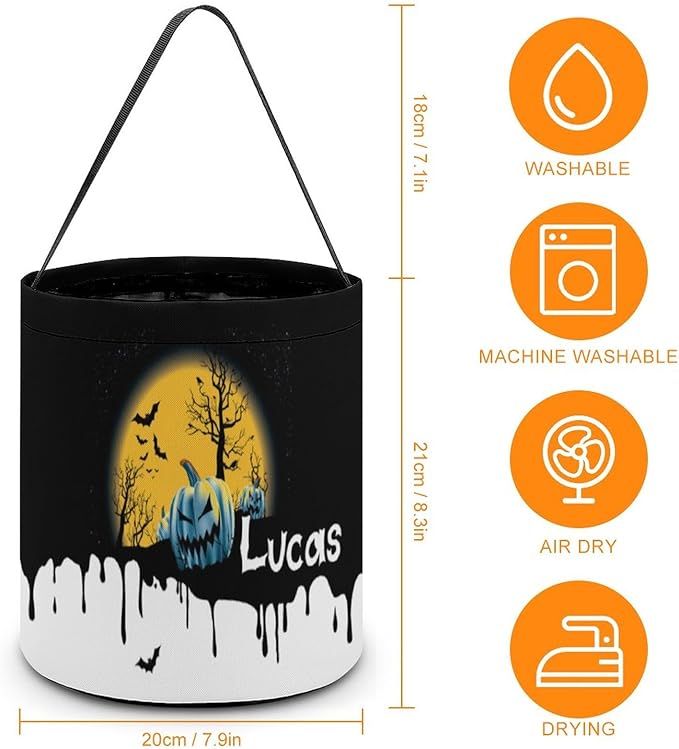 Personalized Halloween Trick or Treat Candy Bag with Name Custom Text Party Tote Bucket Halloween Candy Basket Gift (Bag-7)