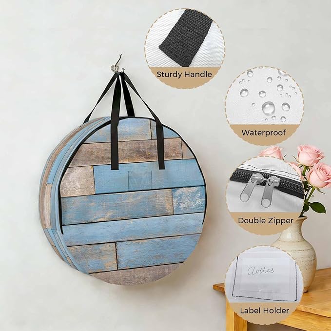 Storage Bag Blue Wood Grain Round Storage Totes Bins Closet Organizers with Zippers & Handle Brown Wooden Plank Clothes Storage Container for Bedroom Dorm Space Saving Packing Supplies Moving Bags