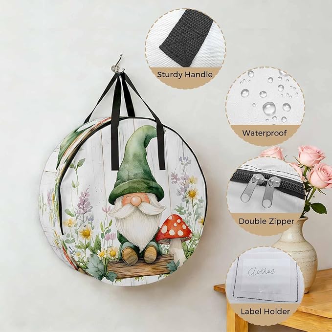 Spring Round Storage Bag 24 Inch, Country Green Gnome Mushroom Floral Retro Wood Grain Clothes Storage Container with Handles Heavy Duty Organizer for Comforter, Bedding & Holiday Wreaths