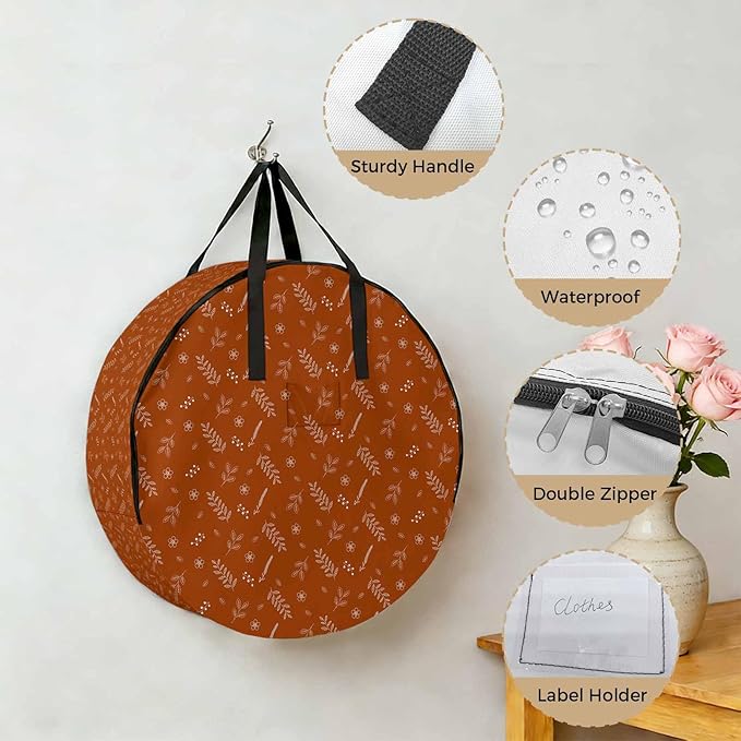 Storage Bag Orange Wheat Ear Round Storage Totes Bins Closet Organizers with Zippers & Handle Floral Leaf Plant Clothes Storage Container for Bedroom Dorm Space Saving Packing Supplies Moving Bags