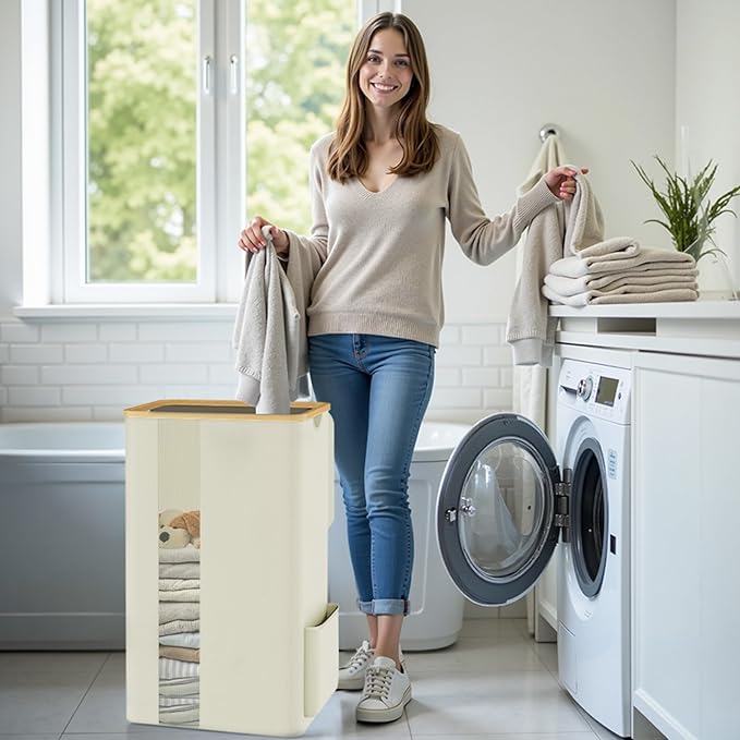 SpaceTrove Laundry Basket Clothes Hamper with Lid and Pocket Large Collapsible Laundry Baskets with Handle, Freestanding Hampers for Bedroom Aesthetic, Dorm, Bathroom, Laundry Room (100L, Beige)