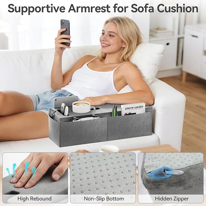 Couch Armrest Caddy with Cup Holder, Portable Sofa Armrest Pillow Drink Holder Table Tray with 5 Large Side Storage Pockets, Portable Sofa Rrmrest for Reading & Bed Rest Pillows Armrest- 1 Pack