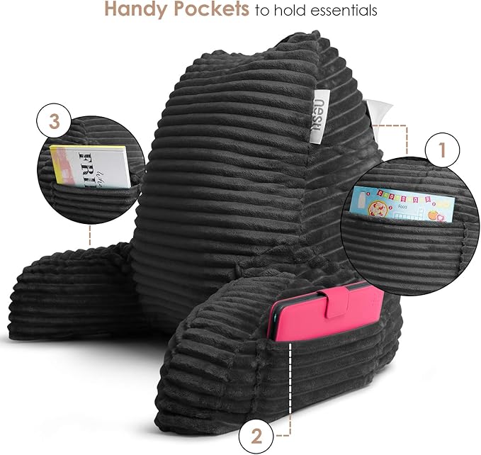 Nestl Dark Grey Reading Pillow with Bed Desk for Laptop and Writing, Luxe Cut Plush Back Pillow for Sitting Up, Back and Arms Adjustable Support for Adult and Teens, Foldable Lap Desk for Bed 22x14”