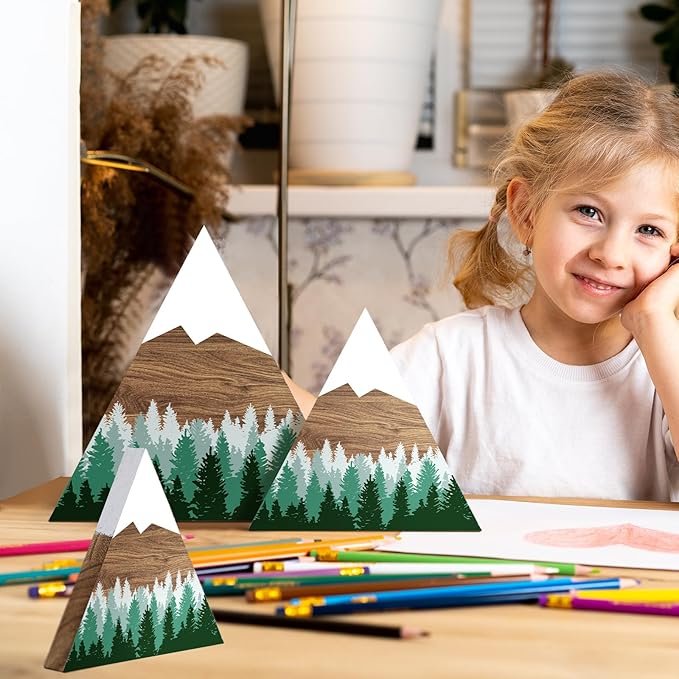 Maitys 3 Pcs 3 Size Mountain Shelf Decor Mountain Wooden Sign Farmhouse Wood Forest Sign Woodland Nursery Decor Travel Adventure Table Centerpiece for Home Farmhouse(Green)
