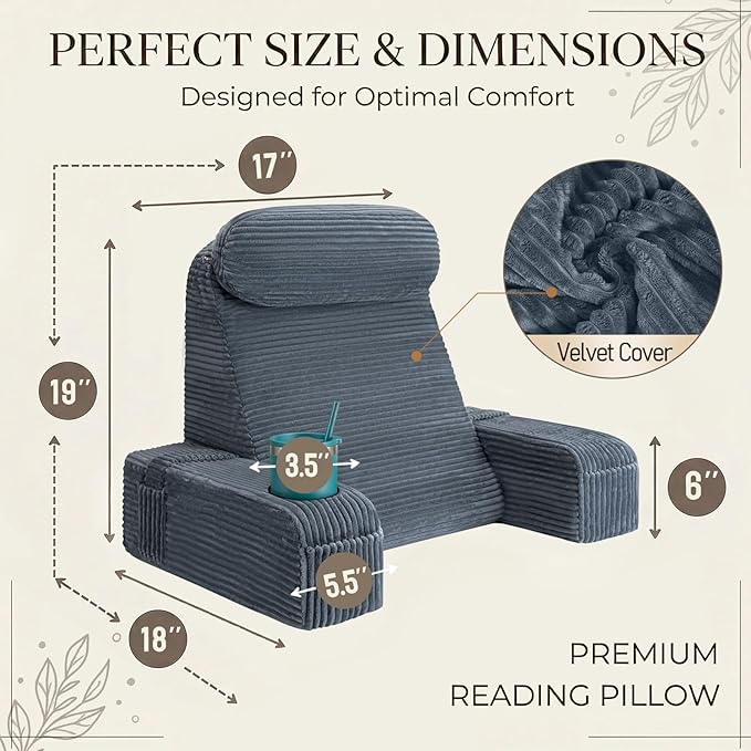 AS AWESLING Reading Pillow for Adults, Back Pillow for Bed Sitting Up, Backrest Pillow for Sitting in Bed, Detachable Arms with Built-in Cup & Phone Caddy (Dark Gray-Corduroy, 19 INCH)