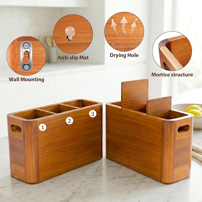 Kitchen Utensil Holder for Countertop, Extra Large Acacia Wood Utensil Organizer, 3-Compartment Storage for Cooking Utensils, Silverware and Cutlery