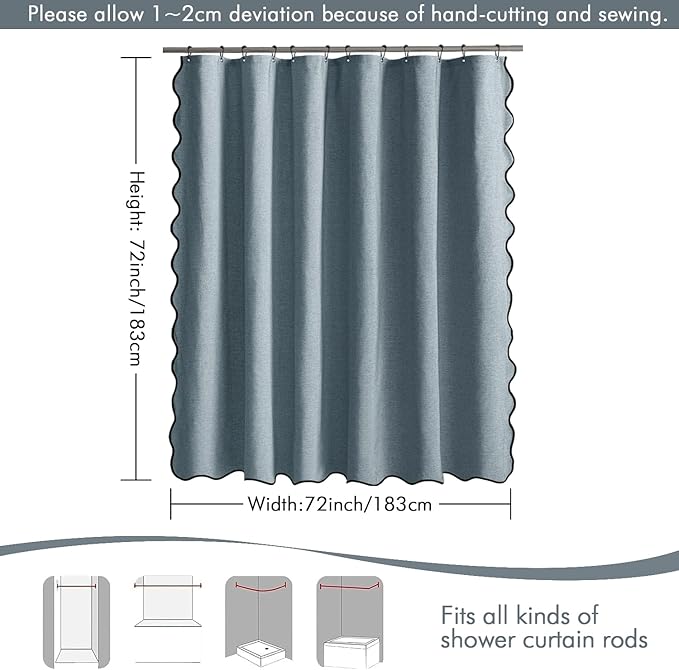 MIULEE Dusty Blue Scalloped Shower Curtain Linen Textured with 12 Metal Hooks Cute Heavy Duty Washable Waterproof Thick Cloth Shower Curtains with Black Border for Bathroom Hotel Bathtub,W72*L72