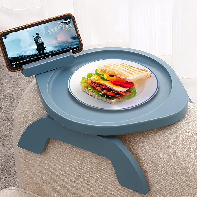 SINWANT Couch Armrest Table, Bamboo Clip On Couch Arm Table with 360°Phone Holder,Foldable Sofa Arm Tray for Eating and Drinking, TV Tray
