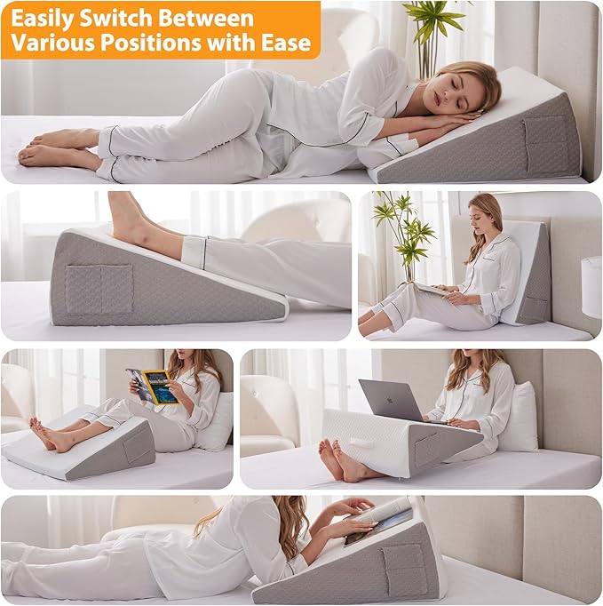 Ruqmuis Wedge Pillow for Sleeping, 12" Bed Wedge Pillow for Headboard, Triangle Incline Wedges for Acid Reflux, Pillows Wedge for Back Pain Relief, Elevated Leg Pillows After Surgery, Snoring, White
