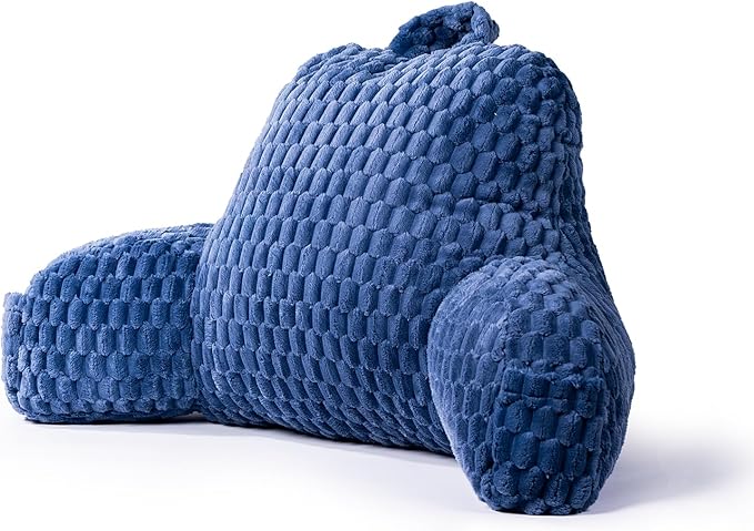 Faux Fur Reading Pillow for Bed Adults, Ultra Soft Plush Floor Backrest Pillow with Side Pockets for Bed & Couch, Perfect for Reading, Watching TV, Gaming, Relaxing, Blue