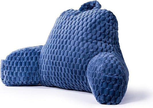 Faux Fur Reading Pillow for Bed Adults, Ultra Soft Plush Floor Backrest Pillow with Side Pockets for Bed & Couch, Perfect for Reading, Watching TV, Gaming, Relaxing, Blue