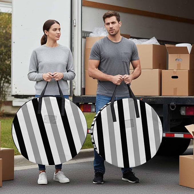 Storage Bag Black Gray Stripes Round Storage Totes Bins Closet Organizers with Zippers & Handle Contrast Striped Clothes Storage Container for Bedroom Dorm Space Saving Packing Supplies Moving Bags