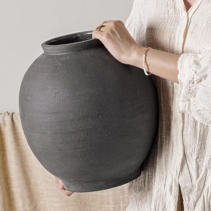 Black Ceramic Vase - Large 12.5 Inch Round Floor Vase for Centerpieces, Farmhouse Flower Vases, Rustic Minimalist Home Decor (Sandstone Black)