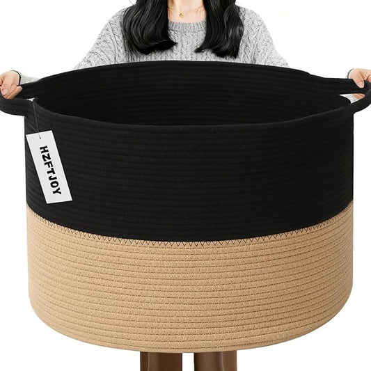 65L Extra Large Woven Cotton Rope Blanket Basket with Handles, Laundry Hamper Storage Bin for Pillows, Comforters,Clothes, Toys, Nursery, Bedroom and Living Room Organization,Black&Camel