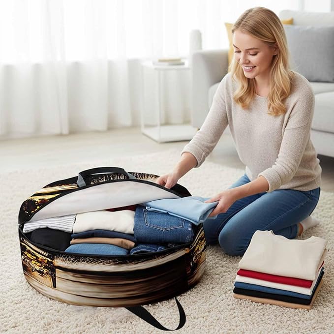 Storage Bag Whisky Glass Cups Round Storage Totes Bins Closet Organizers with Zippers & Handle Wine Wood Grain Clothes Storage Container for Bedroom Dorm Space Saving Packing Supplies Moving Bags