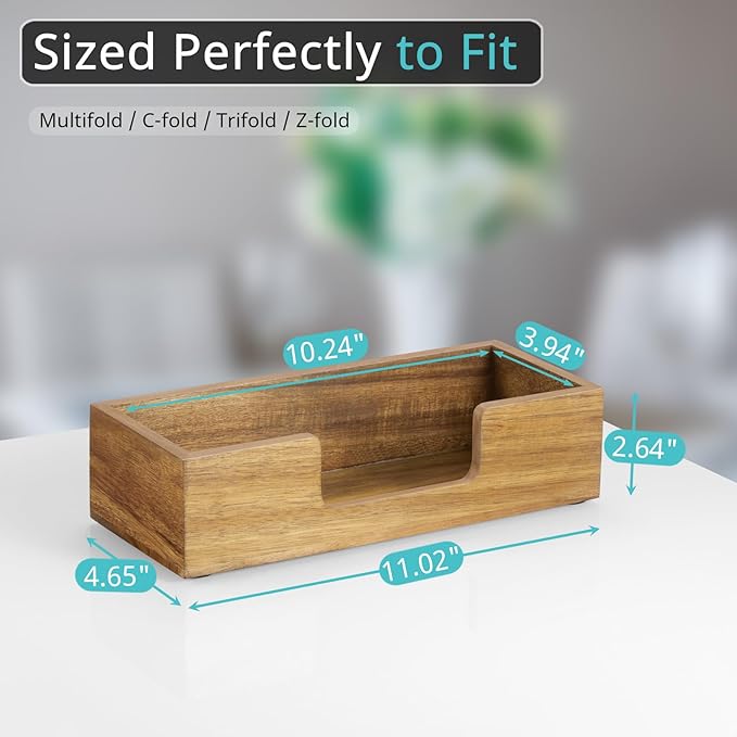 Paper Towel Dispenser Countertop, Acacia Wood Bathroom Paper Towel Holder, Black Napkin Holder for Kitchen, Countertop Multifold C-Fold, Z-Fold, Trifold Paper Hand Towel Dispenser for Toilet