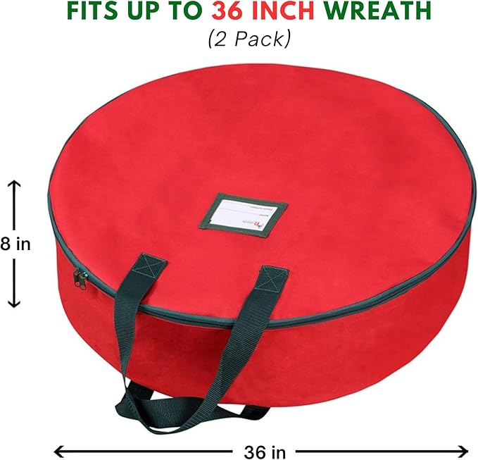 Primode Christmas Wreath Storage Bag 36" - 2 Pack Artificial Wreath Container - Garland Holiday Xmas Wreaths Holder - Sturdy Handles - Inner Straps - Card Slot Dual Zipper Strong Oxford (36 Inch, Red)