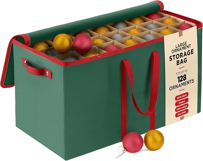 128 Ornament Storage Box, Adjustable Dividers, Stackable Holiday Ornament Organizer with Lid, Durable Fabric Bin for Christmas Decorations – Reinforced Handles, Dustproof, Space-Saving Design