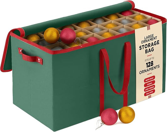 128 Ornament Storage Box, Adjustable Dividers, Stackable Holiday Ornament Organizer with Lid, Durable Fabric Bin for Christmas Decorations – Reinforced Handles, Dustproof, Space-Saving Design