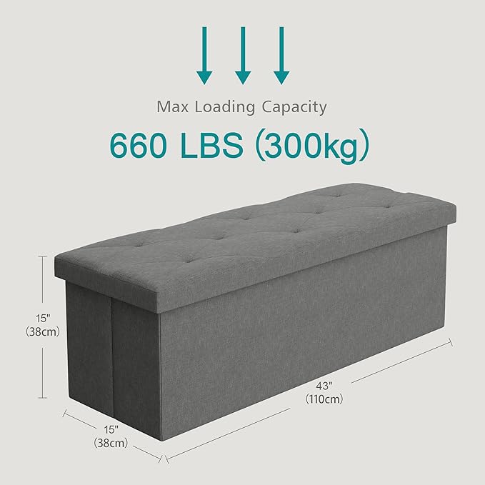 VECELO 43'' Folding Storage Ottoman Bench, Storage Chest, Linen Fabric Foot Rest Stool, 158L Storage Footstools for Bedroom and Living Room, Holds up to 660 lbs, DGRY