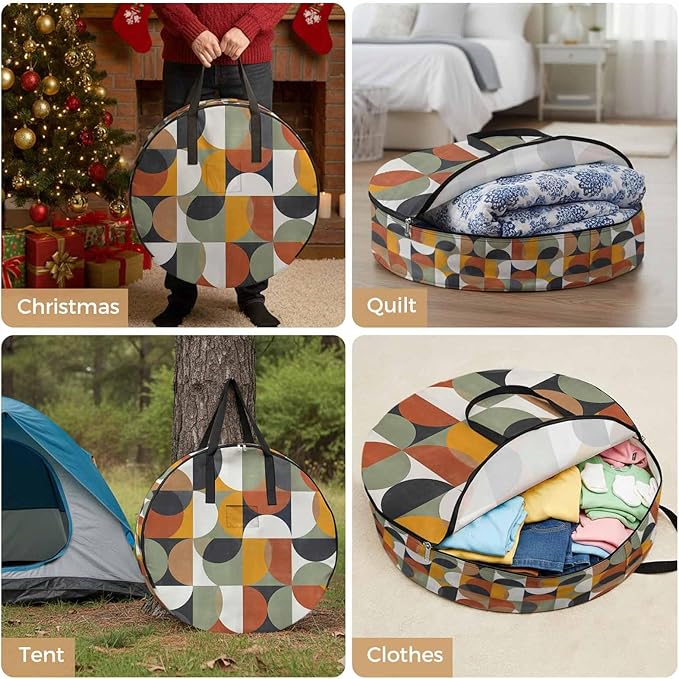 Storage Bag Mid Century Geometric Round Storage Totes Bins Closet Organizers with Zippers & Handle Abstract Modern Retro Clothes Storage Container for Bedroom Dorm Space Saving Packing Supplies Bags