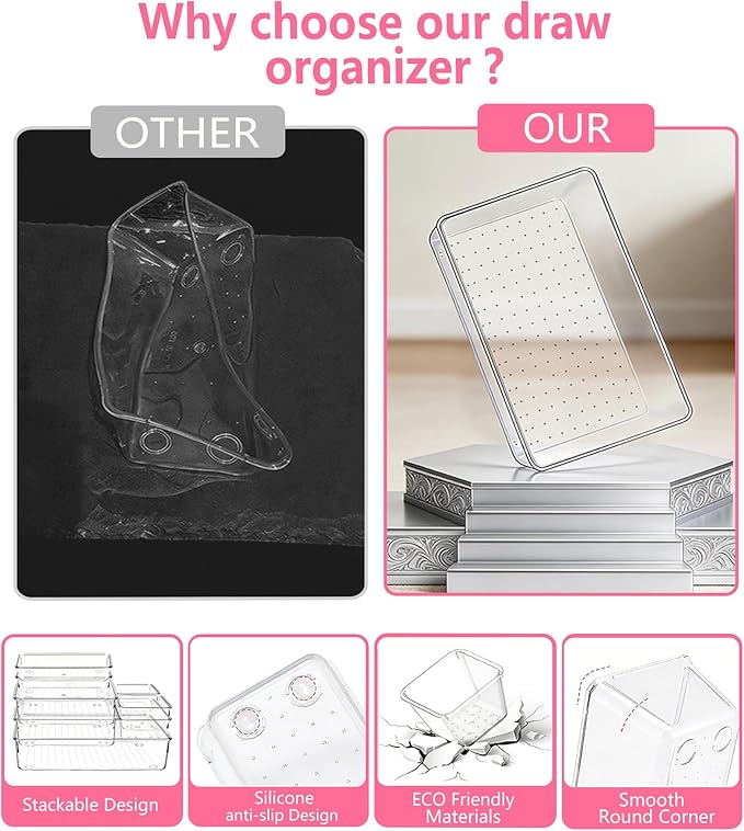 Clear Drawer Organizers Set of 13, 5-Size Vanity Organizer Trays, Stackable Bathroom & Desk Drawer Organizer for Makeup, Jewelry, Kitchen Utensils, Office Supplies and Small Gadgets Storage