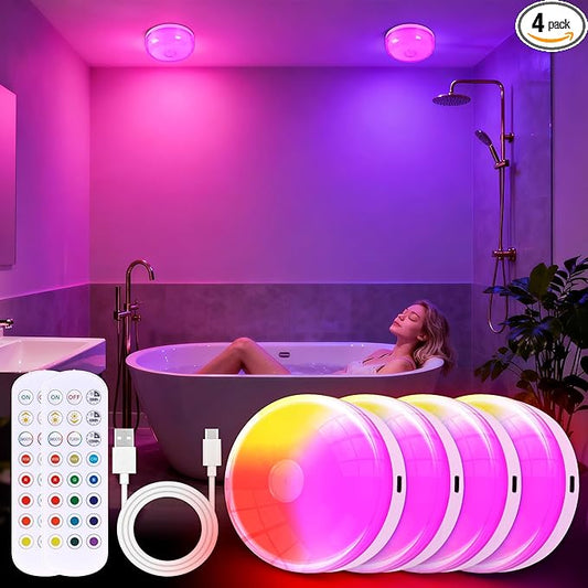4-Pack Rechargeable Shower Light No Wiring, 15 RGBW Color Changeable Waterproof Lights for Shower with Remote(Dimmable＆Timer), LED Light for Inside Shower, Wireless Mood Lighting for Bathroom, White