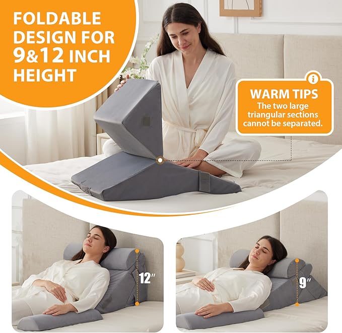 Ruqmuis 4PCS Wedge Pillow Set for After Surgery, Adjustable 9&12 Inch Bed Wedge Pillow for Sleeping, Incline Pillow Wedge for Headboard, Post Surgery, Acid Reflux, Neck&Back Support, Velvet
