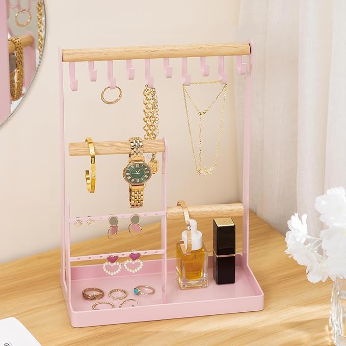 ProCase Jewelry Stand Holder Organizer, 4-Tier Necklace Holder with Ring Tray, 10 Hooks Necklaces Hanging Small Jewelry Display Storage Tower Tree for Bracelets Earrings Watches -Medium, Pink