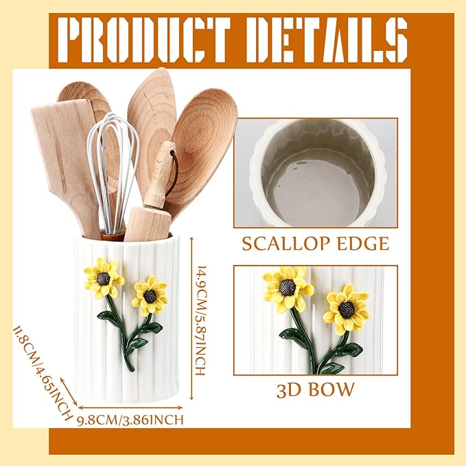 LemonRoad Ceramic Utensil Holder - 3D Sunflower Kitchen Decor, Countertop Cooking Tool Storage Crock for Spatulas, Whisks, Vase Decor Pen Holder for Gift