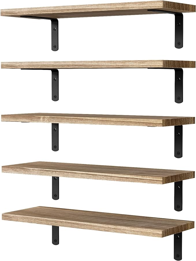 DOLLFIO Floating Shelves, 5 Sets Wall Shelves, Wood Floating Shelves for Bedroom Wall Décor, Wall Mounted Floating Bathroom Shelf for Storage, Floating Book Shelf, Living Room – Rustic Brown