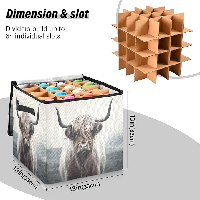Kigai Highland Cow Christmas Ornament Storage Box with Zipper & Adjustable Dividers Holiday Ornament Organizer Xmas Storage Container, 64 Balls