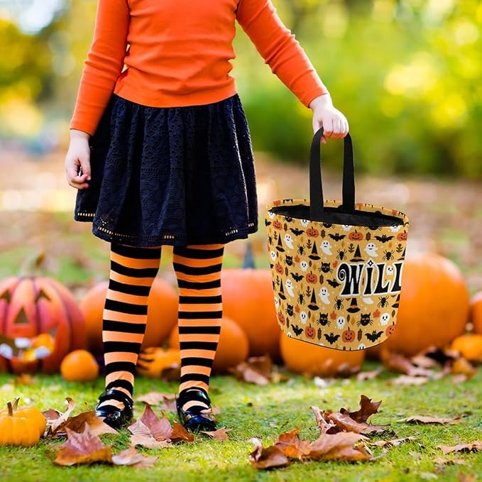 Personalized Halloween Trick or Treat Candy Bag with Name Custom Text Party Tote Bucket Halloween Candy Basket Gift (Bag-4)
