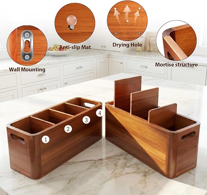Kitchen Utensil Holder for Countertop, Extra Large Acacia Wood Utensil Organizer, 4-Compartment Storage for Cooking Utensils, Silverware and Cutlery