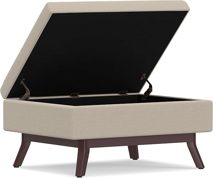 SIMPLIHOME Owen Coffee Table Storage Ottoman - 34" Wide x 19" High Upholstered Linen Look Fabric Rectangular Lift-Top Ottoman in Natural, Mid-Century Modern Bench for Living Room with Tapered Legs