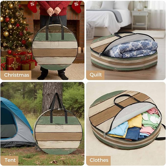 Retro Round Storage Bag 36 Inch, Brown Green Stripe Antique Wood Background Clothes Storage Container with Handles Heavy Duty Organizer for Comforter, Bedding & Holiday Wreaths