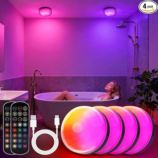4-Pack Rechargeable Shower Lights for Inside Shower, 15 RGBW Color Changeable Waterproof Lights for Shower with Remote(Dimmable＆Timer), Wireless LED Mood Lighting for Bathroom, Closet, Bedroom, Party