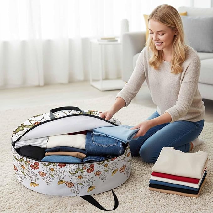 Daisy Flowers Round Storage Bag 24 Inch, Plants Spring Clothes Storage Container with Handles Heavy Duty Organizer for Comforter, Bedding & Holiday Wreaths