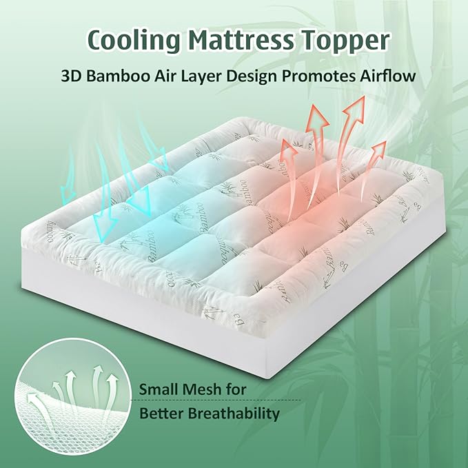 DOWNCOOL 3 Inch King Mattress Topper – Cooling Memory Foam Mattress Topper for Back Pain Relief, Breathable Bamboo Viscose Air Layer, 1600 GSM Fill, Deep Pocket Fits 8–21 Inch