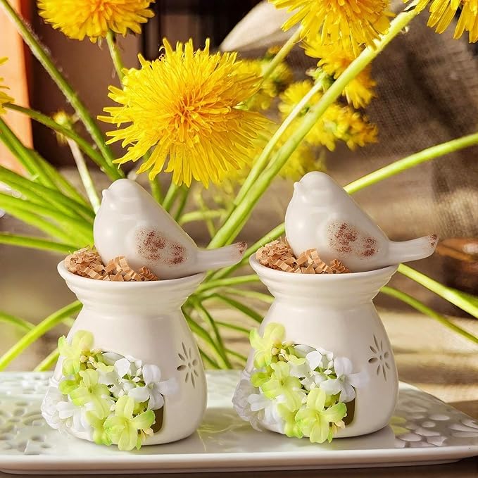 2 Set Birdhouse Ceramic Table Decor Ceramic Birds Figurines Centerpieces with Bird and Flower Ornament Rustic Farmhouse Spring Summer Decor for Shelf Mantel Desk Decoration Housewarming Gift