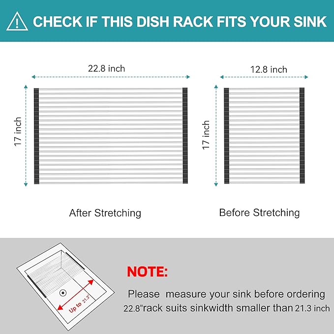 BBXTYLY Extra Large Expandable Roll Up Dish Drying Rack,Over The Sink Drying Rack Sink Cover Kitchen Sink Accessories Kitchen Rolling up Stainless Steel Drainer, Foldable,Rollable（Black，22.8''-17.3''）