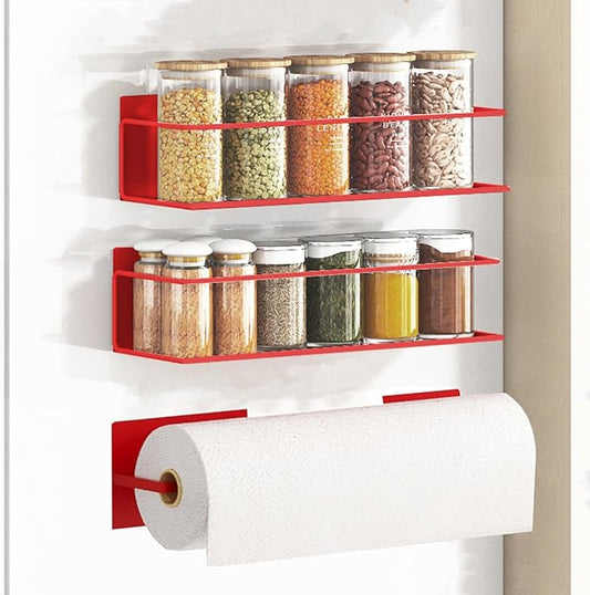 Magnetic Spice Rack For Refrigerator, Space Saving Magnetic Shelf For Fridge Red 2 Pack With Magnetic Paper Towel Holder