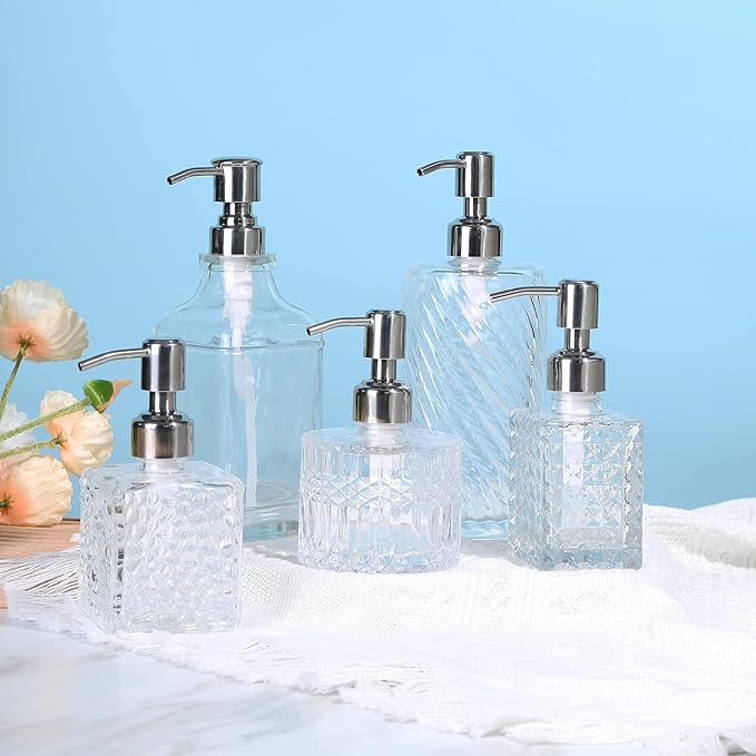 YunNasi Soap Dispenser with Stainless Steel Pump, Clear Crystal Design, Vintage and Elegant, Refillable Liquid Hand Soap Dish Soap Dispensers for Bathroom Counter, Kitchen Sink (Style 3)