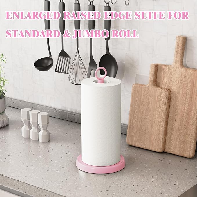 Pink Paper Towel Holder Countertop, Pink Kitchen Accessories Decor, One-Handed Tear, Stainless Steel, Weighted Base, Ring Paper Towel Holder Stand with Ratchet System for Kitchen Farmhouse Essentials